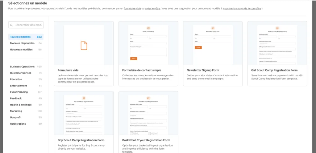 Screenshot choix du modèle du formulaire WPForms