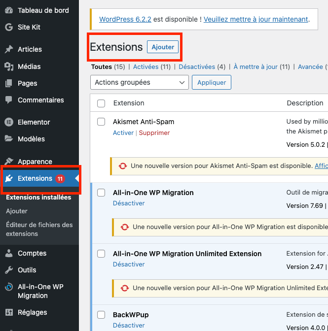 Screenshot ajouter extension WordPress