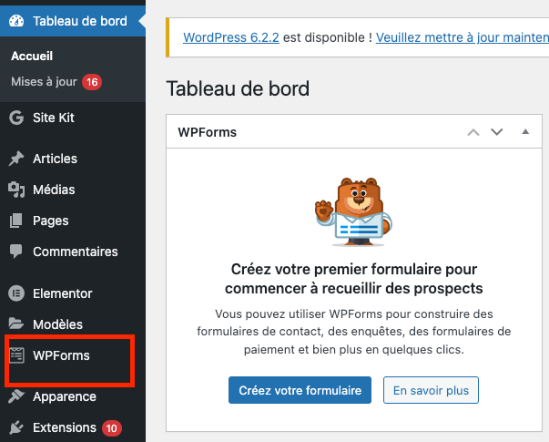Screenshot dashboard WordPress et WPForms, ajouter formulaire site wordpress