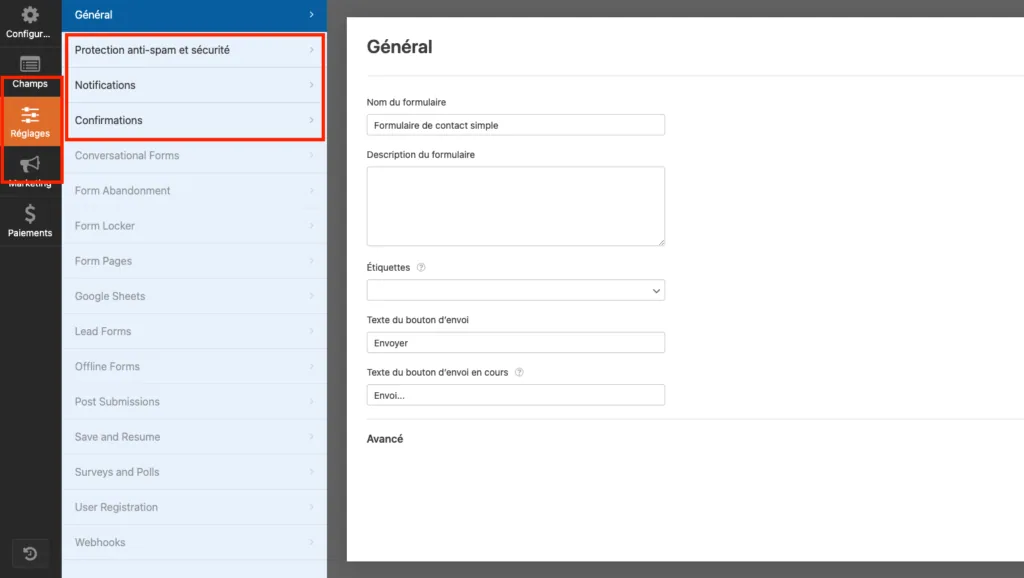 Screenshot réglage formulaire WPForms