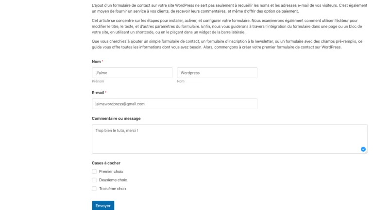 screenshot test du rendu formulaire avec shortcode, ajouter formulaire site wordpress