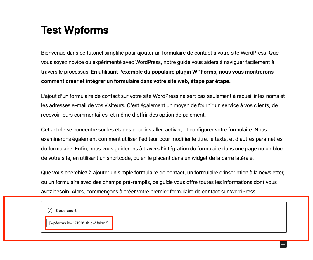 Screenshot shortcode dans un bloc avec un widget.