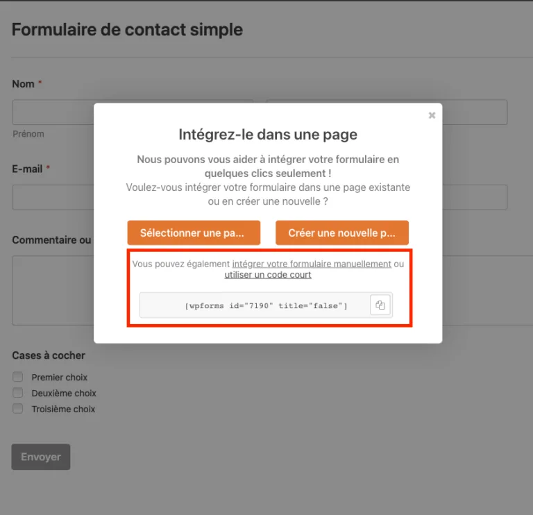 Screenshot du shortcode d'un formulaire, ajouter formulaire site wordpress
