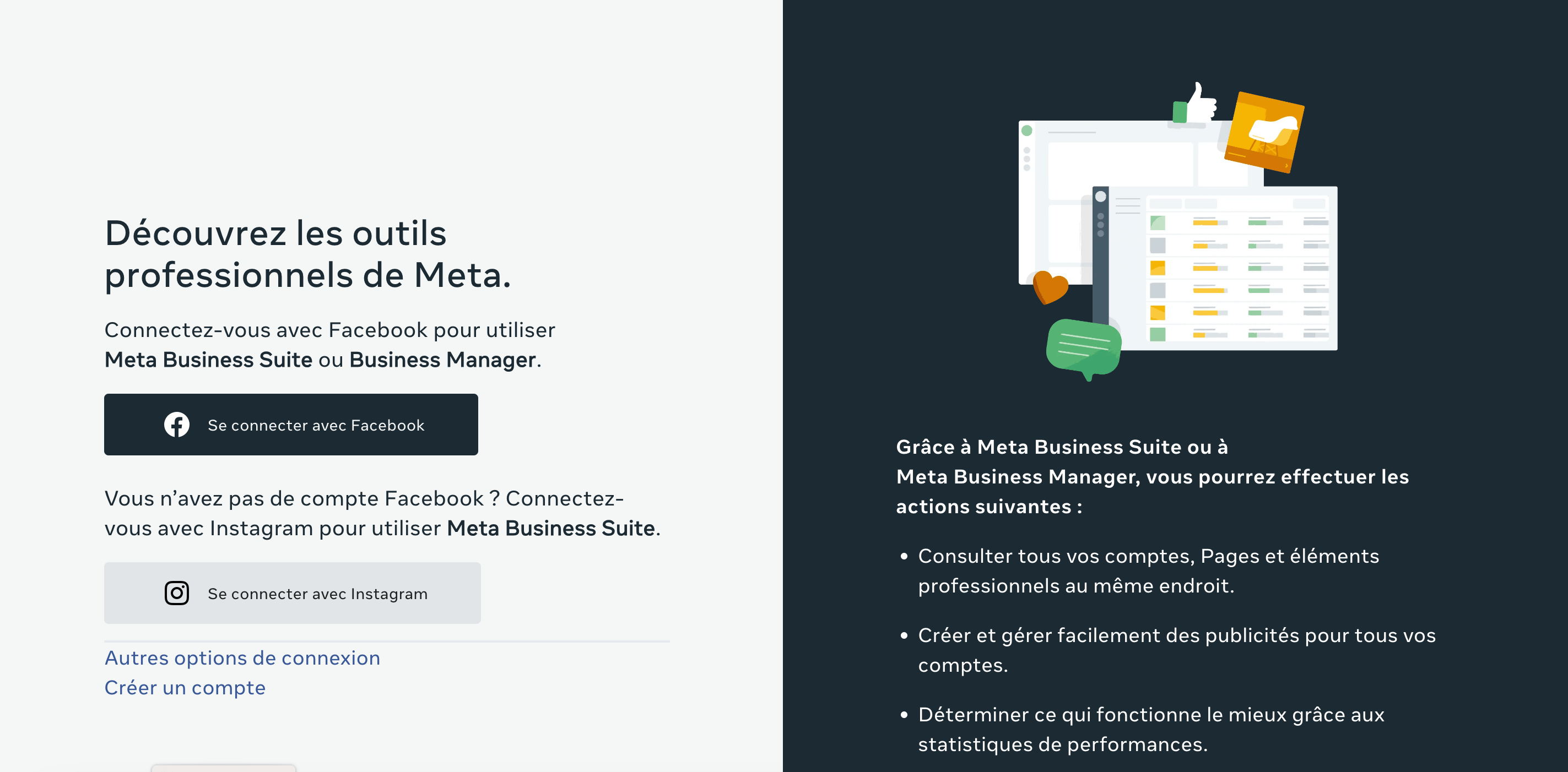 Screenshot de la page d’accueil et de login de Meta Business Suite.
