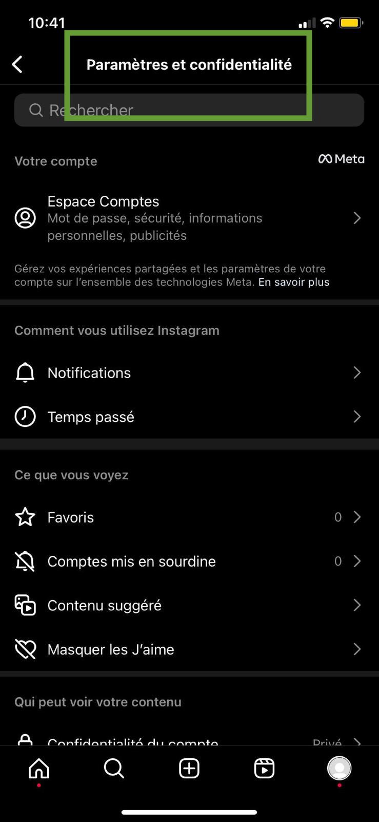 Screenshot paramètre de confidentialité Instagram - programmer publication Instagram