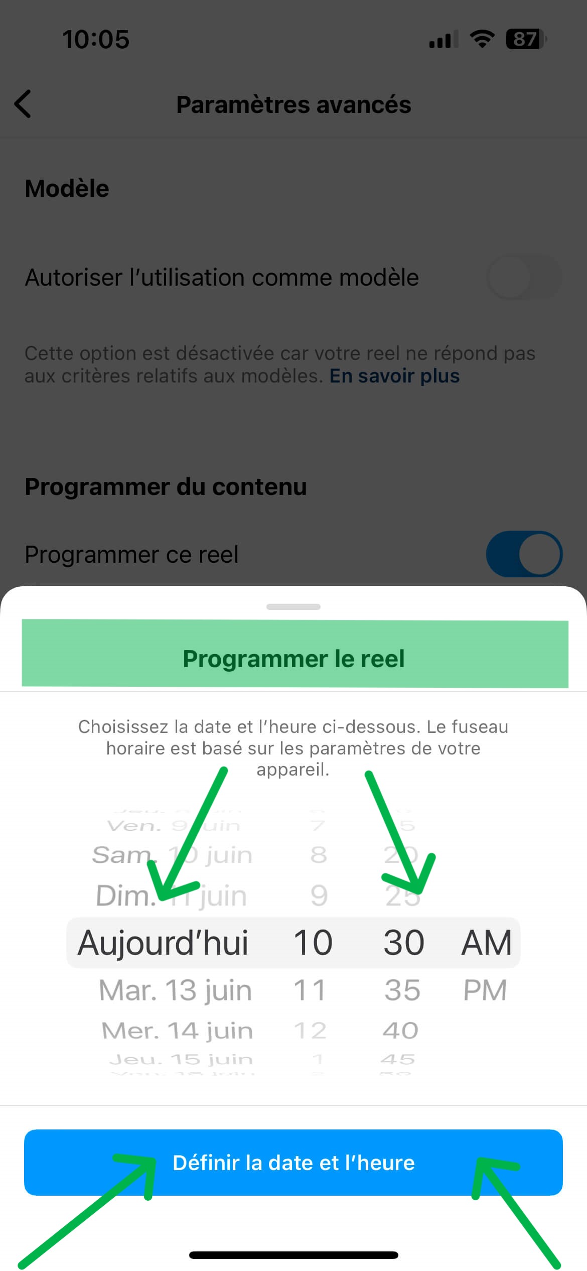 Screenshot mettant en avant le choix d'une date et d'une heure pour programmer une publication Instagram