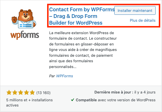 Screenshot extension et installation WPFroms WordPress