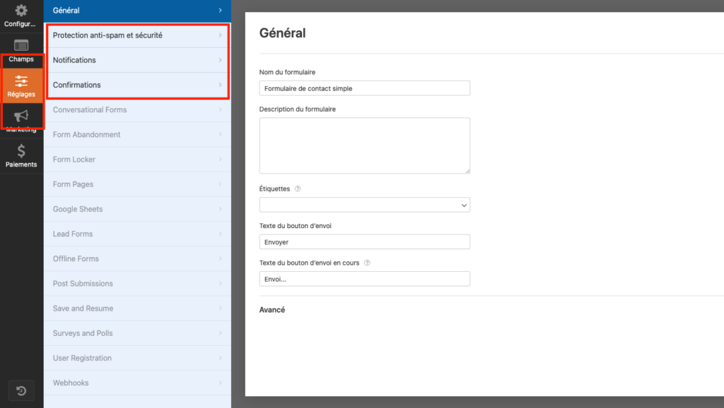 Screenshot réglage formulaire WPForms