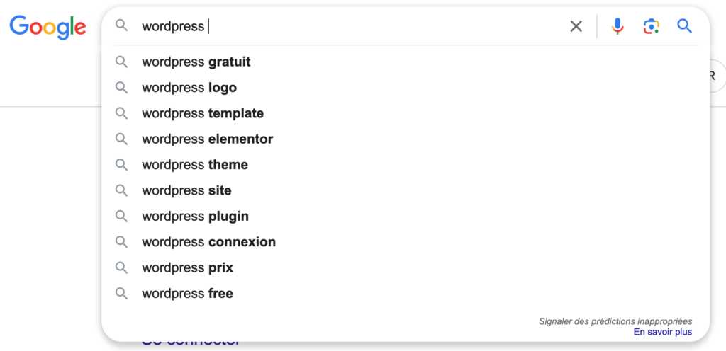 Capture d'écran de la suggestion de résultat de Google pour trouver des mots clés longue traine
